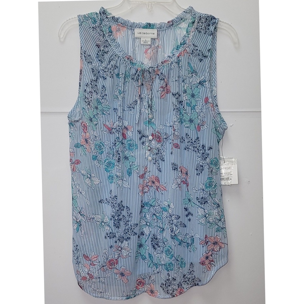 Liz Claiborne Ruffle Tank & Camisole Womens L Blue Floral Top Fairy Boho Office